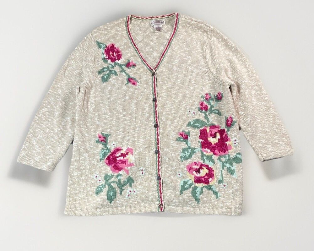 Northern Reflections Floral Knit Cardigan Sweater Womens L Cottagecore Romantic